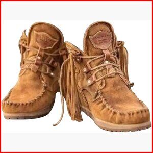 Vintage Fringed Ankle Boots, Lightweight Suede Mocc, Round Toe